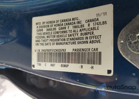 2012 Honda Civic Lx z USA, uszkodzony, nr VIN 2HGFB2F51CH535763
